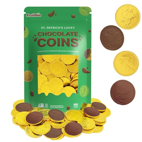 Fruidles St. PatrickS Day Coins 100 Lucky Gold Shamrock Design Foils, Belgian Coins Bag Nut-Free 100-Pack