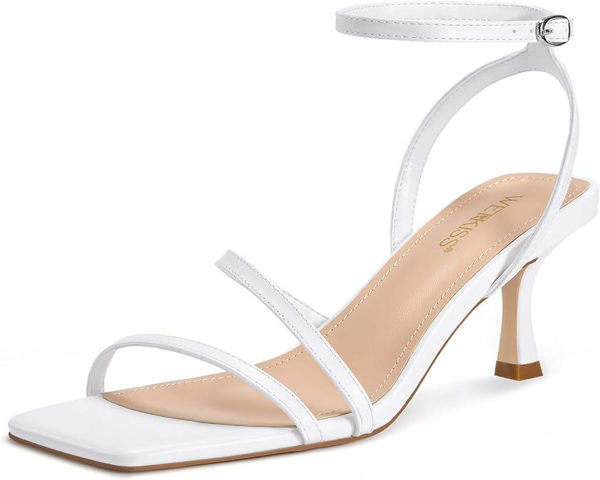 wetkiss Kitten Heels for Women: White, Modern, Dressy Slingback Sandals with Ankle Strap, Open Toe, Plastic Sole & Insole, Faux Leather Outer, Perfect for Walking, Parties, Weddings & Beach