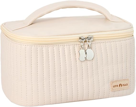 Travel Makeup Bag, Top Open Makeup Case with Handle, Portable Cosmetic Bag with Brush Holder, Soft PU Leather Toiletry Bag for Women, Cream