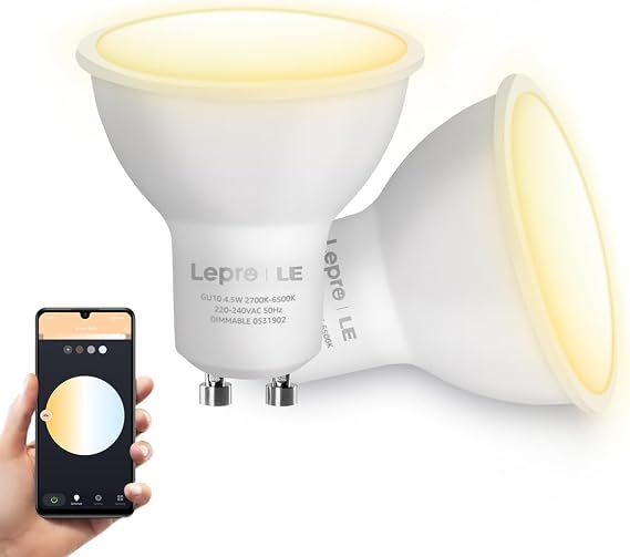 Lepro GU10 Smart Bulbs, Tunable White, 4.5W 300lm, 100° Wide Beam, 2-Pack [Energy Class G]