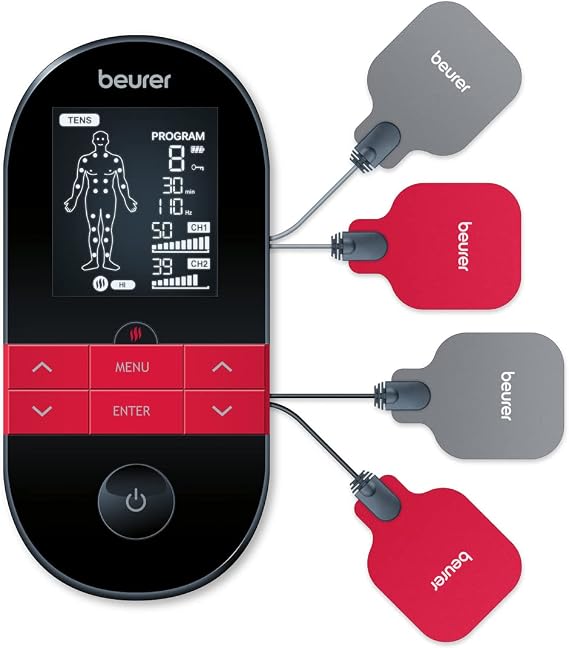 New Beurer EM59 TENS/EMS Device with Heat, 4-in-1 TENS Unit, EMS Muscle Stimulator, EMS Massage, and Heating Pad Therapy, 70 Programs, 50 Intensity Levels, Tens Unit Muscle Stimulator with USB Charge