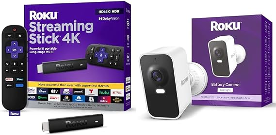 Roku Streaming Stick 4K HDR & Dolby Vision Streaming Device with Voice Remote + Roku 1080p HD Battery Camera with Two-Way Audio & Motion Detection