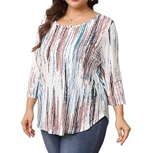 Womens Plus Size Tops 3/4 Length Sleeve Pleated Crewneck Fall Shirts Autumn Blouses Loose Fit White Tiedye Tee 1X