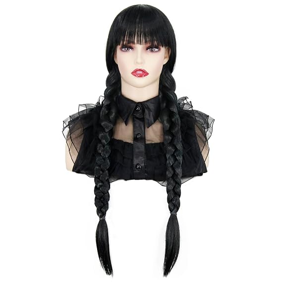 CJK Black Wig for Wig Kids Girls with Bangs Long Braided Wig for Costume Cute Soft Wigs for Halloween Costume CJ005BK