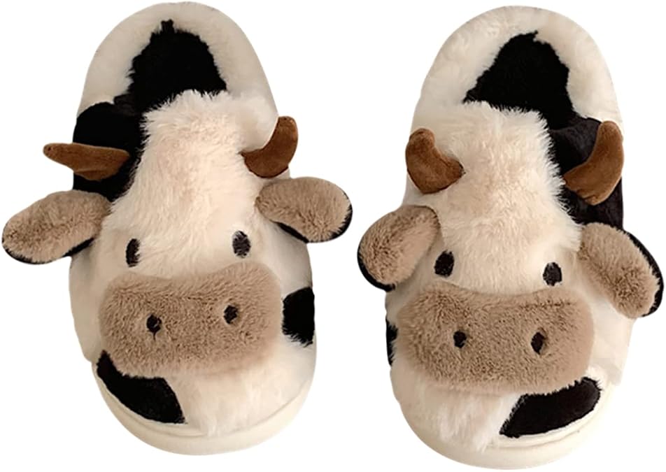 pinkiiten Womens Cozy Plush Cartoon Slippers Cute Cow Animal Slippers Warm Indoor Outdoor Home Fuzzy Slippers, White, 6.5-7