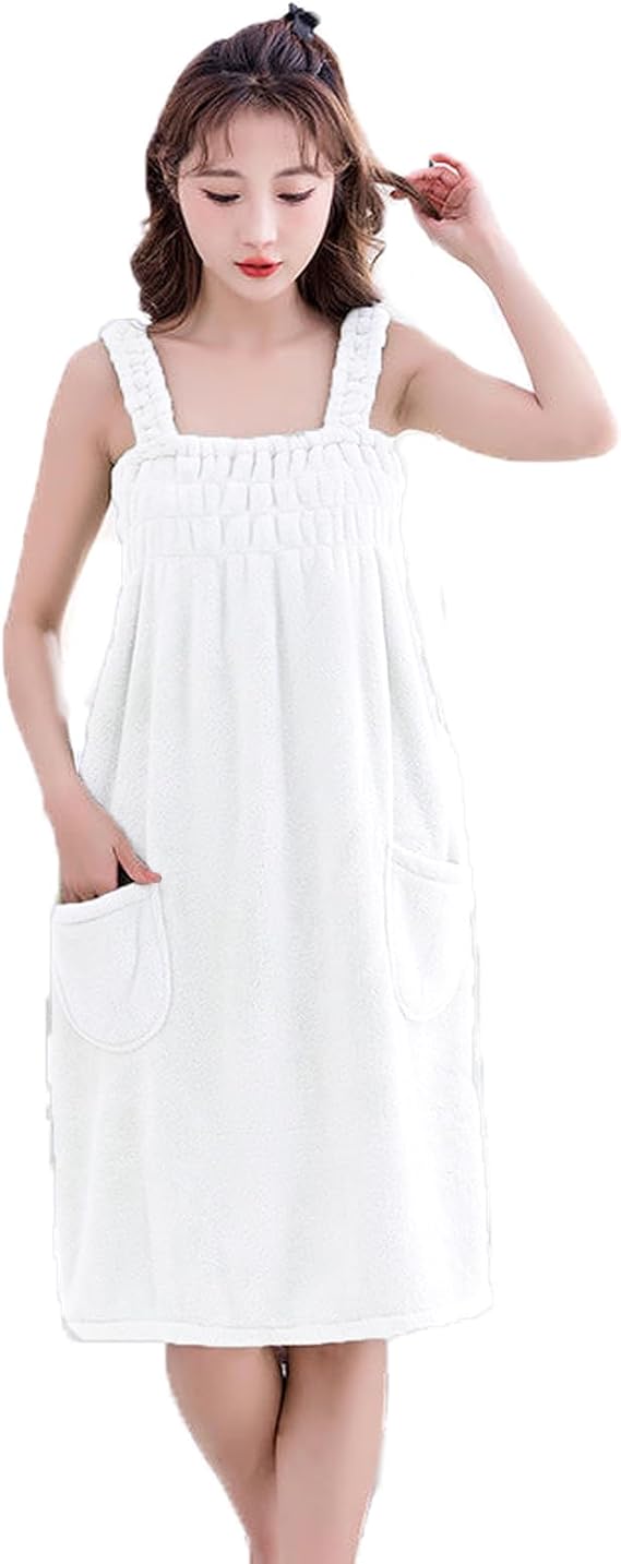 PURFUN Women Elastic Wearable Towel Dress Water Absorbent Bath Beach Spa Gym Towel Wrap Strappy Dress Bathrobes Thick Soft Elastic Bathing Shower Cover Up Nightwear Sleeping Dress Robe