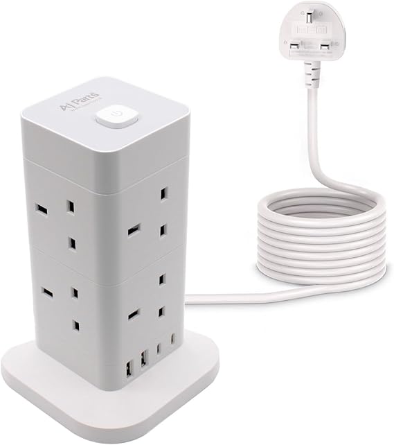 Tower Extension Lead with USB Slots 2M, 8 Way Outlets Multi Plug Extension Tower with 4 USB Slots (2 Type C & 2 USB Ports), Surge Protector Long Extension Lead tower for Home, Office WHITE