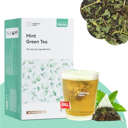 Lipbusy Care Organic Mint Green Tea Bags 10 Count Pack of 1, Chinese Green Tea with Mint, Whole Green Tea Leaves With Mint Flavor & Caffeinated & Sugar-Free, for Office & Camping & Gathering