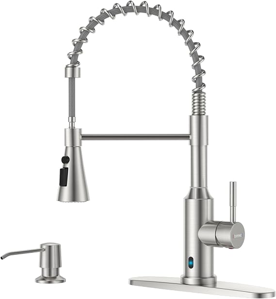 DAYONE Touchless Kitchen Sink Faucet with Pull Down Sprayer and Soap Dispenser, Stainless Steel Motion Sensor Touch Faucet for Kitchen Sink Smart Hands-Free Single Handle, Brushed Nickel