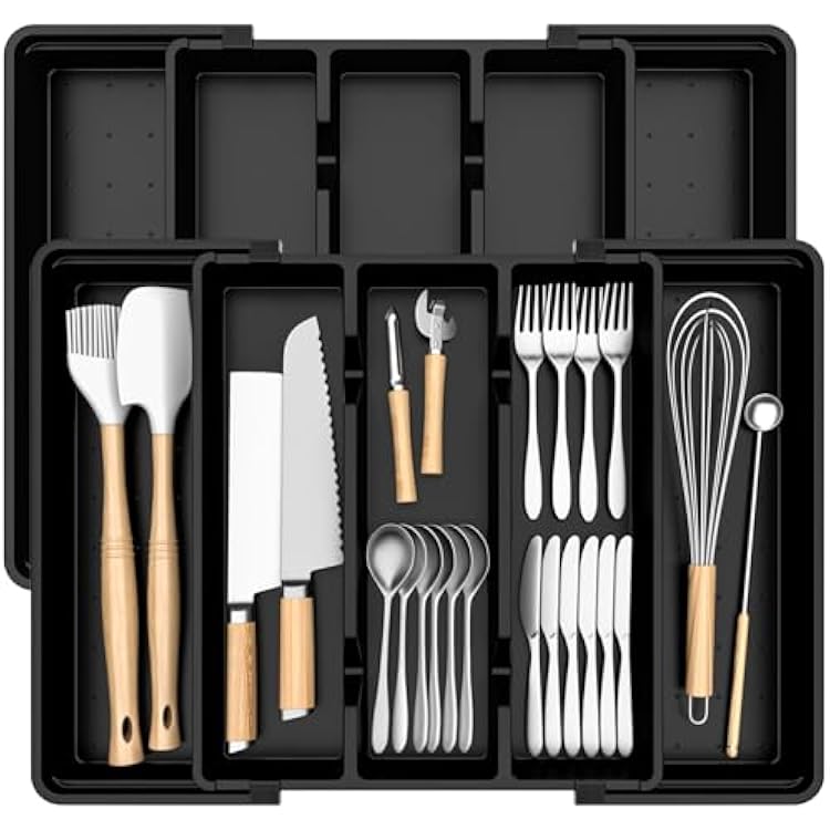 Silverware Organizer, Expandable Utensil Drawer Organizer for Kitchen Drawers, Kitchen Drawer Organizer for SpoonsForksKnives, Multipurpose & BPA Free Cutlery Tray, Black, 2 Pack