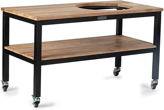 TITAN GREAT OUTDOORS Ash & Ember Grade A Teak Ceramic Grill Table, Portable Weather-Resistant Outdoor BBQ Cart with Aluminum Frame, Fits Large Big Green Egg & Kamado Joe, Two-Tier Storage Shelves