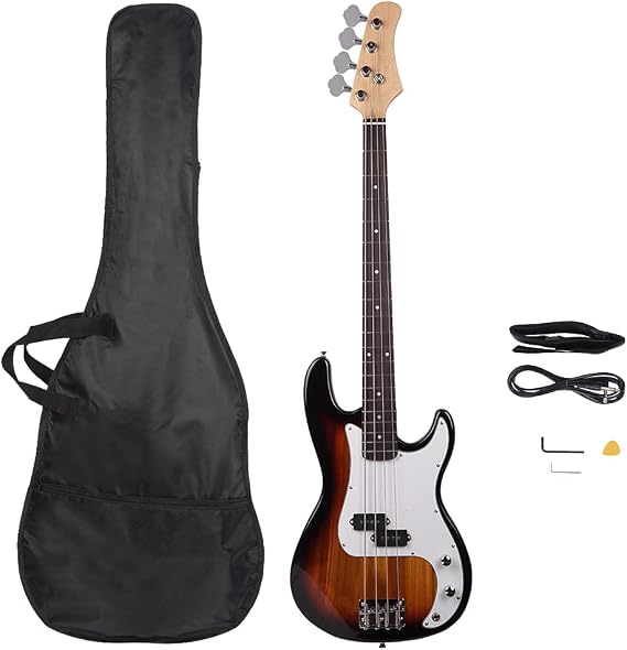 Bonnlo Electric Bass Guitar 4 Strings Full Size for Beginner Exquisite Basswood Burning Bass with Bag, Strap and Accessories (Sunset)