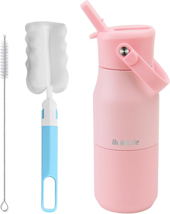 Kids Insulated Water Bottle 400ml, Leakproof Stainless Steel Thermal Bottle with Straw & Cleaning Brushes, BPA-Free, Lightweight Travel Flask for School, Nursery & Outdoor(Light Pink)