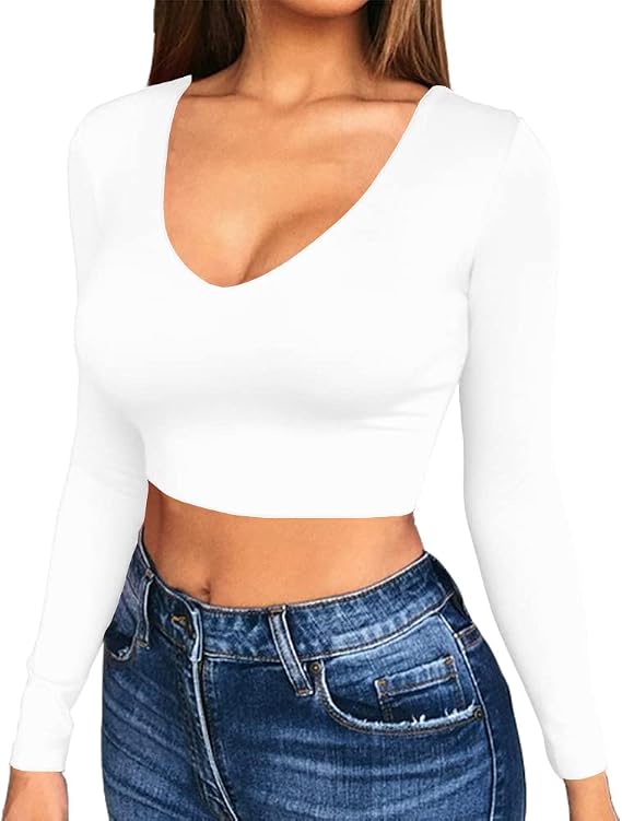Artfish Women's Long Sleeve Scoop V Neck Crop Top