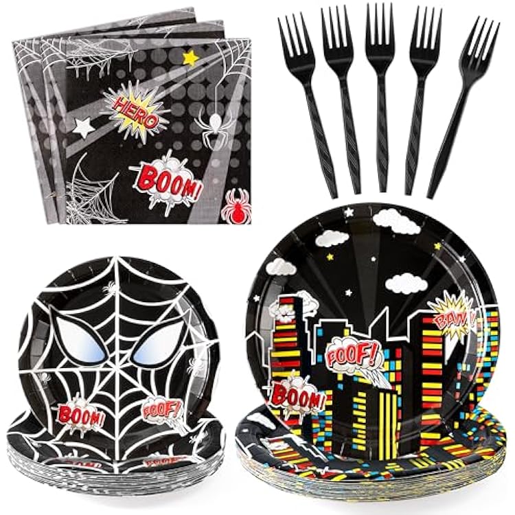 Black Spider Birthday Party Supplies - 96PCS Black Spider Birthday Party Plates and Napkins Forks Disposable Tableware Birthday Parties Table Dinnerware Baby Shower Plates Serve 24 Guests