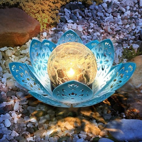 2 Pack Solar Lights Outdoor Garden 6.3 " Glass Lotus Lamp Waterproof LED Metal Flower Lights Outdoor Garden Table Decor for Outside Balcony, Patio, Deck, Porch, Walkway