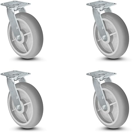 CasterHQ 8" x 2" Swivel Drywall Cart Casters with Top Lock Brake, Set of 4, 700 lb Each, 2,800 lb per Set, Gray Non-Marking TPR Wheels, 4" x 4-1/2" Plate, Fits Apapa and Jescraft Carts, Made in USA