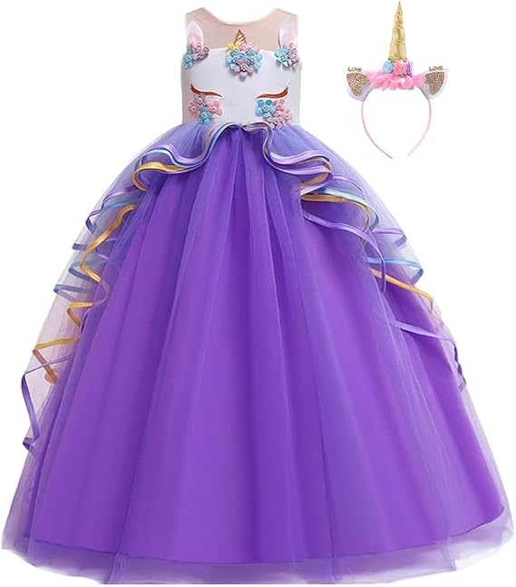 Girls Unicorn Costume Princess Long Maxi Tulle Dress w/Headband Birthday Party Carnival Cosplay Dress Up Outfits