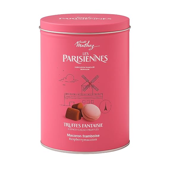Mathez 'Les Parisiennes', French Chocolate Truffles with Raspberry Macaron Chips, 7.1oz Tin