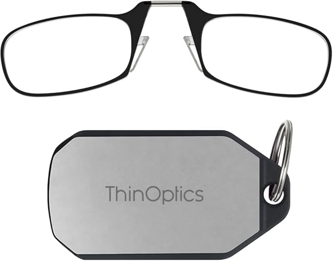 ThinOptics On- Nose Rectangular Portable & Convenient Readers for Men & Women, Thin & Durable Easily Attaches to Keychain, Backpack, Golf Bag, Blk Frames/Silver Case, 44 mm + 2.5