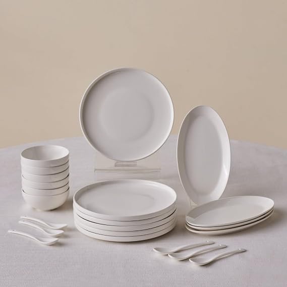 Karaca Forever Bone China Fika 22-Piece Serveware Set for 6 People, Side Plate, Small Bowl, Serving Platters, Dishwasher Safe, White