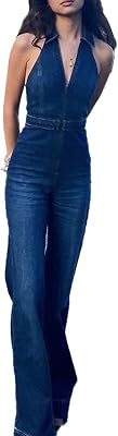 iticat Womens Sleeveless Denim Romper Summer Casual Retro One Piece V-Neck Dressy Flare Pants Jean Overall Jumpsuit