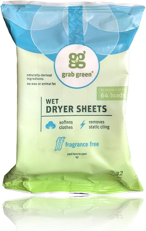 Grab Green Wet Dryer Sheets, Fragrance Free, 64 Loads