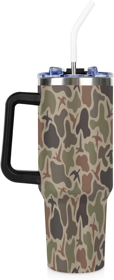 40 Oz Tumbler with Handle Stainless Steel Insulated Vacuum Duck Camouflage Vintage Travel Coffee Mug with Lid and Flip Straw Leak-proof Car Cup for Hot Cold Water