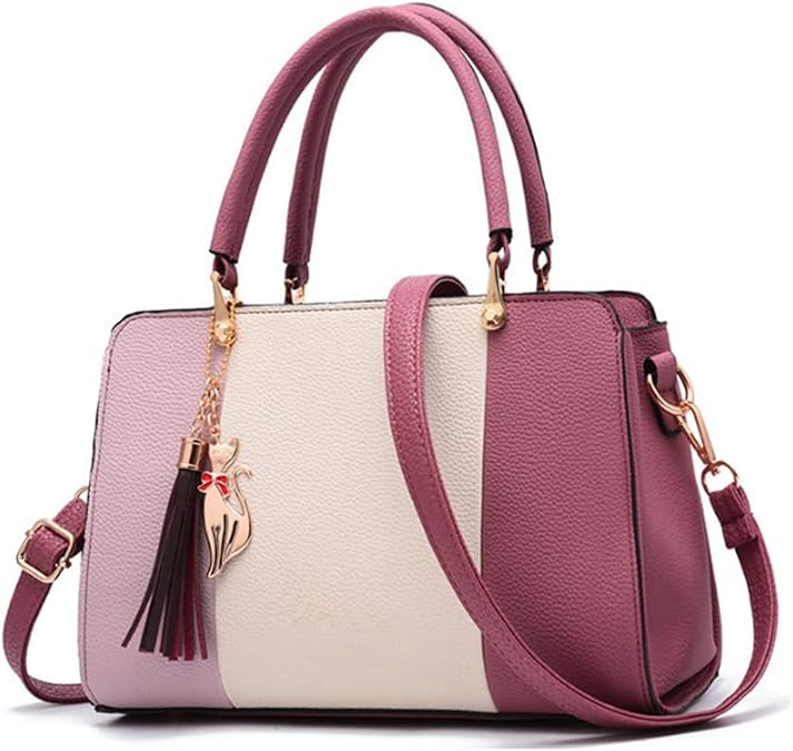 Tote Top-handle Handbags for Women PU Leather Crossbody Shoulder Bag Contrast Purse Satchel