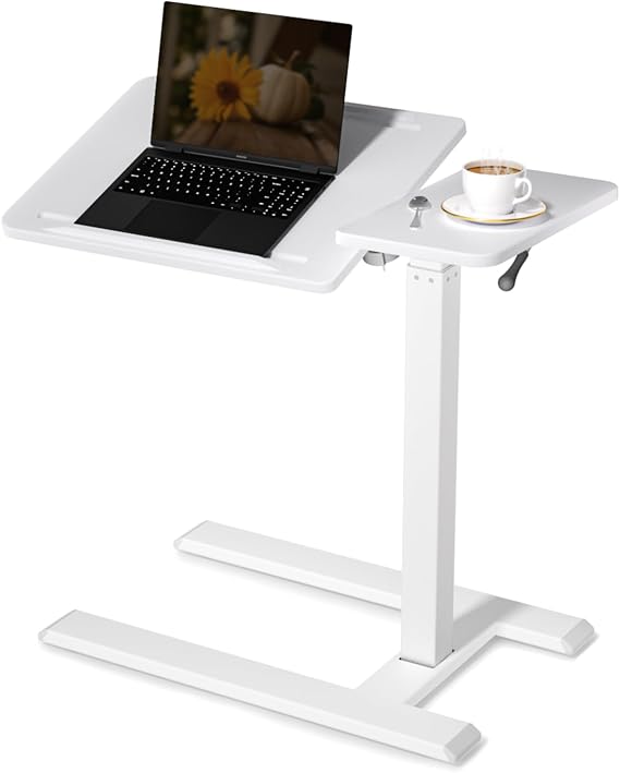 SIHOO D01 Medical Adjustable Tilt Overbed Bedside Table with Wheels Pneumatic Mobile Standing Laptop Desk Rolling Computer Cart Movable Bed Hospital Home Use(White)