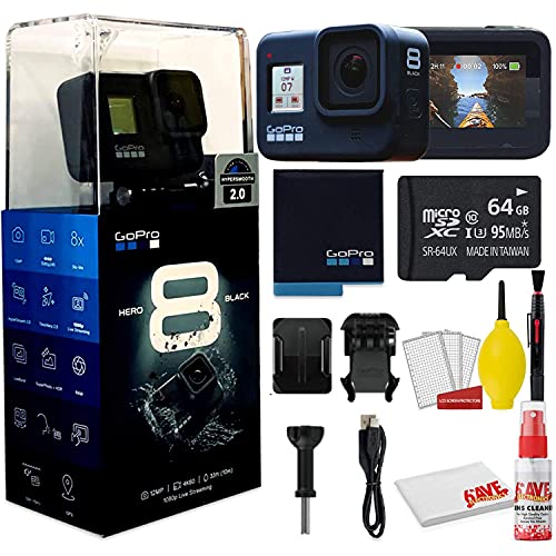 GoPro HERO8 Black Digital Action Camera - Waterproof, Touch Screen, 4K UHD Video, 12MP Photos Live Streaming, Stabilization - with Cleaning Set  64GB Memory Card and More - Starter Bundle