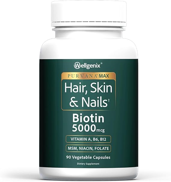 Wellgenix Purvana MAX Hair Skin and Nails Supplement 5000mcg Biotin with MSM & B-Complex Supports Thicker Hair, Stronger Nails & Glowing Skin 90 Veggie Capsules