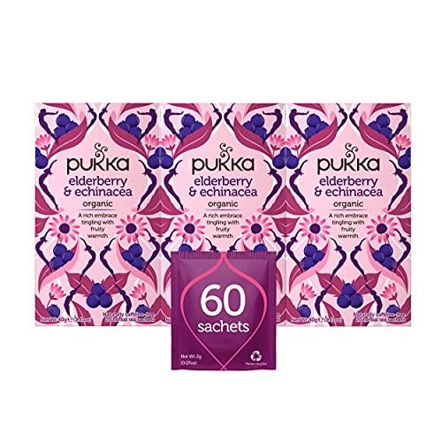 Pukka Organic Tea Bags, Elderberry & Echinacea Herbal Tea, Perfect for Wellness Support, 20 Count Pack of 3 60 Tea Bags