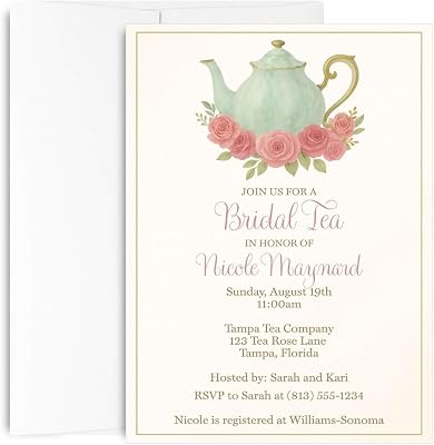 Tea Party Bridal Shower Invitations English Themed Customizable Invites with Envelopes | Set of 12
