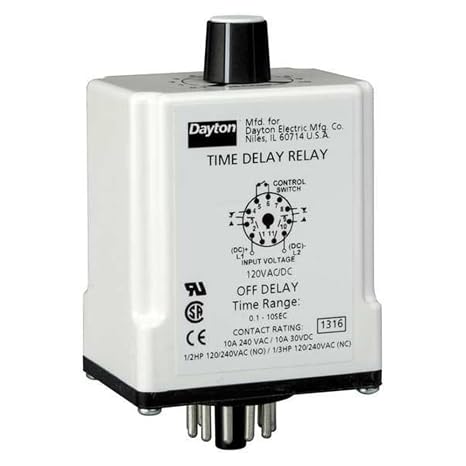 Dayton 1EGC6 Relay, Time Delay, DPDT, Off Delay, 11Pin