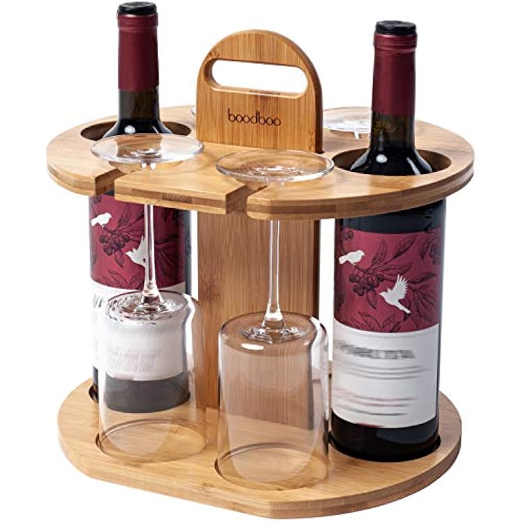 boodboo Wooden Wine Rack 100% Bamboo Wine Storage Set Holds 2 Bottles and 4 Glasses Lightweight and Portable Wine Bottle Holder and Glass Hanger Drying Rack Easy Assembly Wine Stand