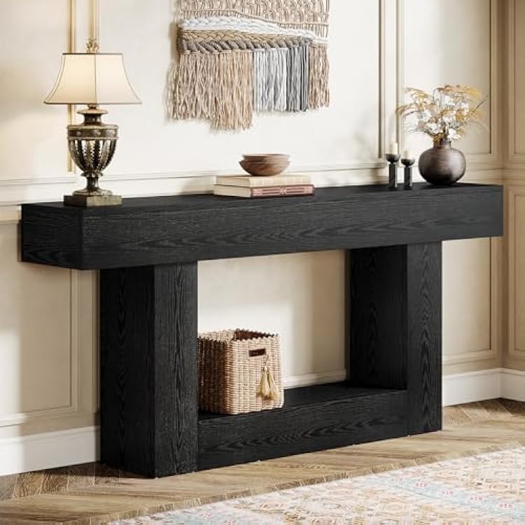 Tribesigns 63 Console Table, Farmhouse 2-Tier Entryway Table with U-Shaped Base, Narrow Long Wood Sofa Table Behind Couch Table for Living Room, Hallway, Foyer, Black