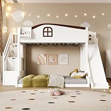 KLMM Twin Over Full Bunk Bed with Storage Staircase, Shelf and Slide,for Kids Teen Boys Girls Bedroom Use (White+Espresso-Slide, Twin Over Full)
