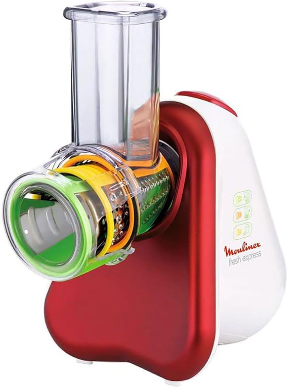 Moulinex DJ7535 Fresh Express 3-in-1 Electric Cutter, Vegetable Slicer, 200 W, 3 Inserts, Made in France, Red/White