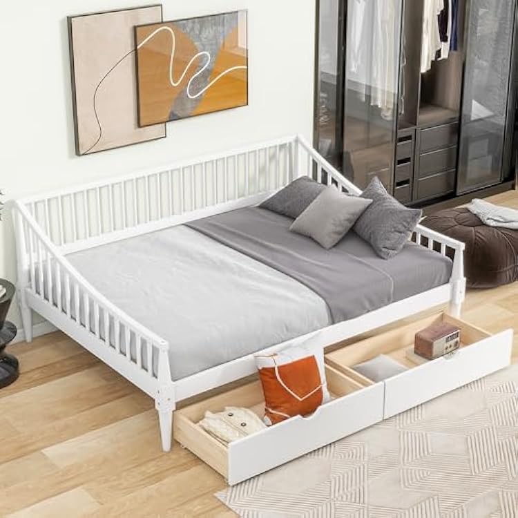Flieks Wooden Daybed, Full Size Daybed with Two Storage Drawers and Support Legs, Modern and Rustic Casual Style Daybed, Wood Slat Support, No Box Spring Needed, Easy Assembly, White