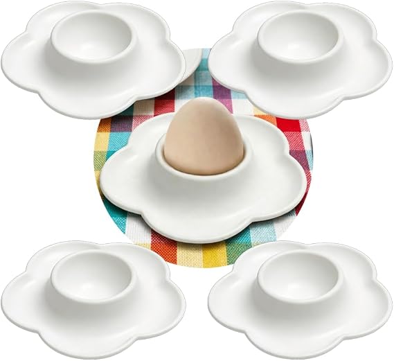 4-Pack Egg Cups, Stackable Egg Holders for Hard & Soft Boiled Eggs, Dishwasher Safe Classic Egg Cups, Space-Efficient Tray for Breakfast, Easter, Kitchen & Travel Use (Flower-White)