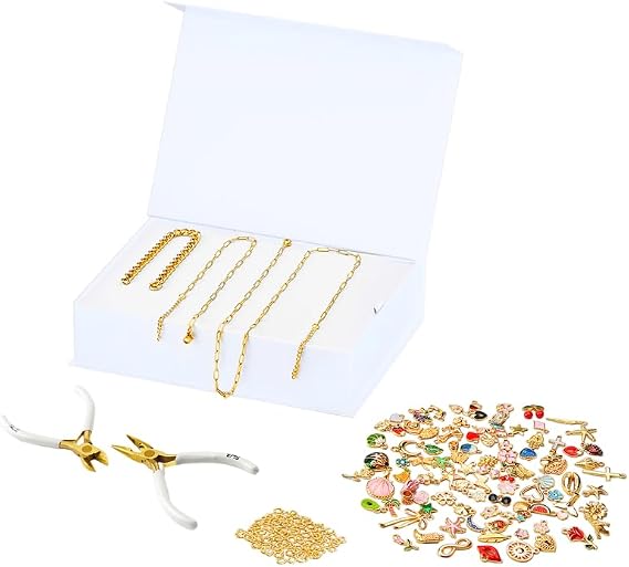 FabuLove Charm Jewelry Kit - DIY Necklace, Bracelet & Ring Set with 100 Charms, Tools & Jump Rings | Personalized Accessories for Women | Fun Craft Activity for Friends & Family Gold