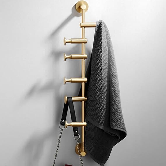 Towel Rack - Swivel Coat Robe Hat Clothes Wall Mount Hanger, 6 Hooks (Brass) for Bathroom & Living Room