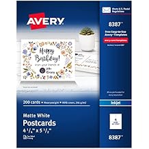 Avery Printable Postcards, 4.25" x 5.5", Matte White, 200 Blank Postcards for Inkjet Printers (8387)