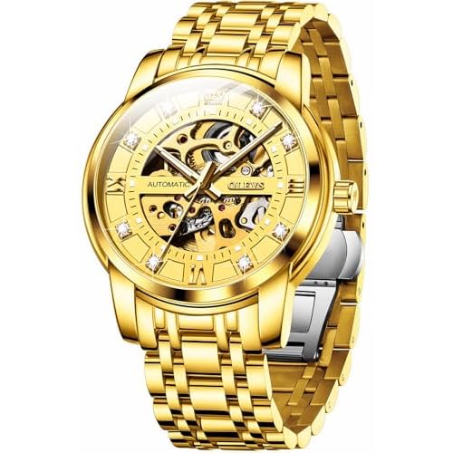 OLEVS Mens Automatic Watch Skeleton Diamond Luxury Mechanical Self Winding Dress Wrist Watch Waterproof Luminous