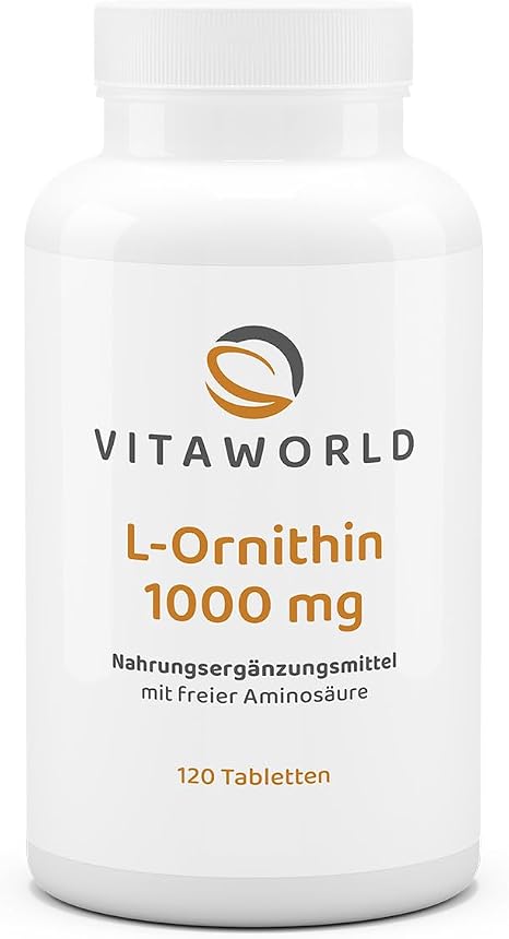 Vita World L-Ornithine 1000 mg 3 x 120 Tablets High Dose Vegan Only 1 Tablet a Day Pharmacist Manufacture Pack of 3