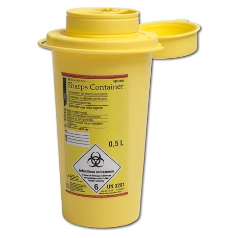 Henry Schein - Cannula Drop Container (0.5 Litres) for Syringes Needles & Scalpels Sturdy Safety Box with Twist-off Device Round Yellow