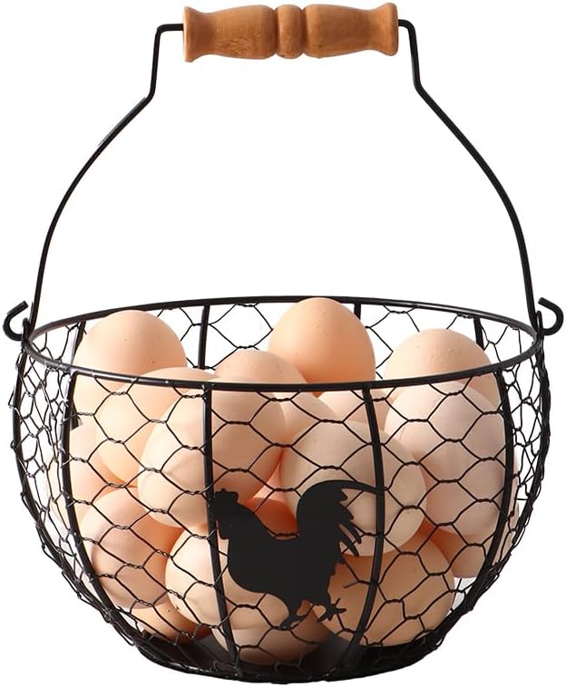 Fresh Eggs Collecting Basket With Handle，Vintage Style Metal Wire Eggs Holder Basket for Countertop Kitchen Storage Bin