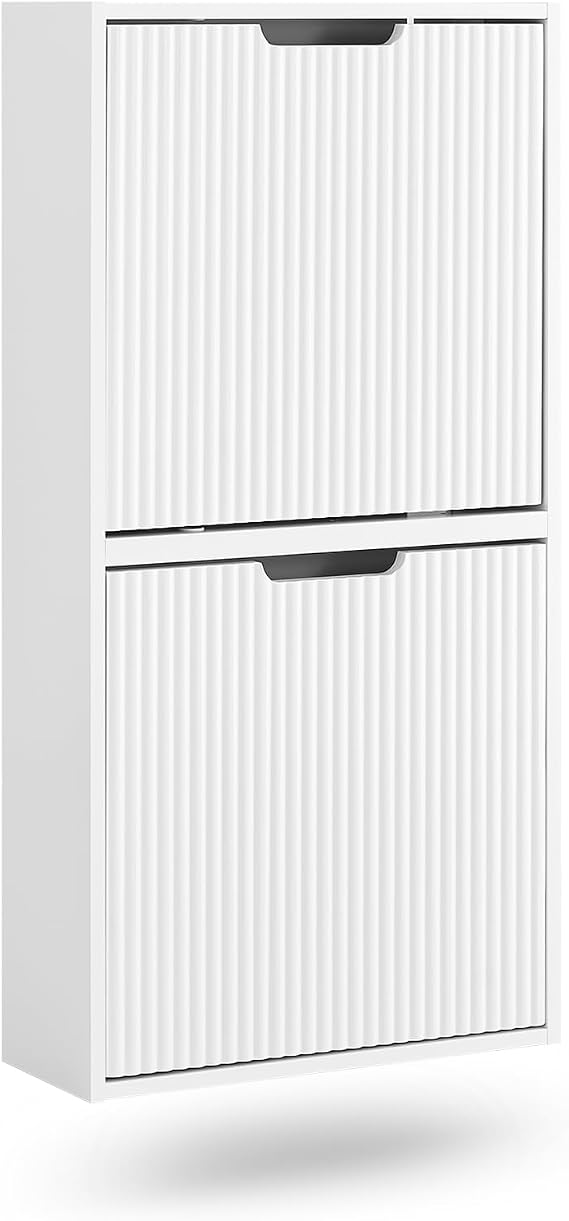 SoBuy Wall Mounted Slim Shoe Cabinet for Entryway, Narrow Shoe Rack Cabinet with 2 Flip Drawers, FSR204 (White)