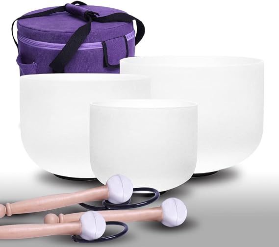 ENERGYSOUN Chakra Tuned Set of 3PCS 11" D 9"F 7"B Frosted Quartz Crystal Singing Bowls+Free Mallets &O-rings